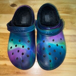 Multi Color Lined Crocs. Size M/8, W/10. Purple, Blue, Green, Black💜💙🖤💚